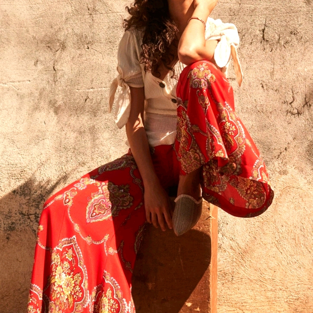 Anthropologie high waist wide leg red silky fluid pants